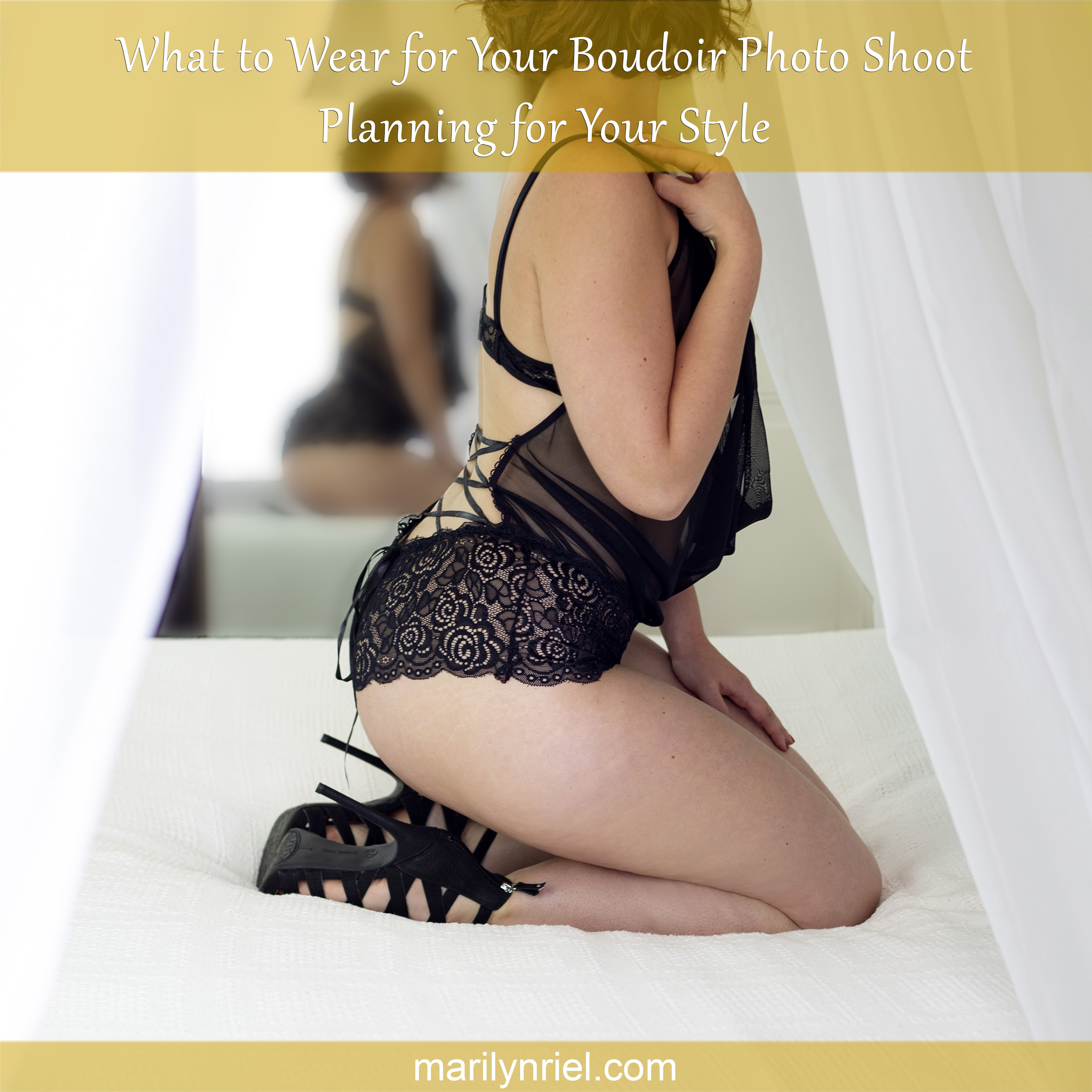 Sheer black teddy and high heels to wear for your boudoir photo shoot