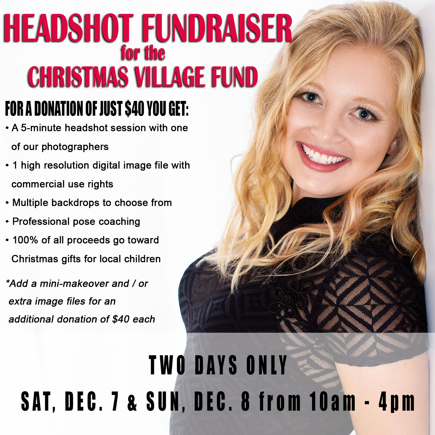 headshot fundraiser for Christmas with beautiful blond model